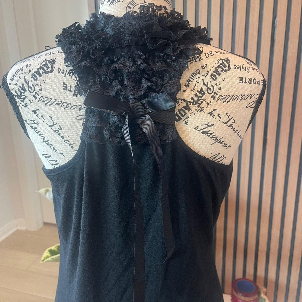 y2k Self Esteem Black Tank Top Ruffle Lace Halter Tie Back‎ Sleeveless XL - Picture 5 of 7